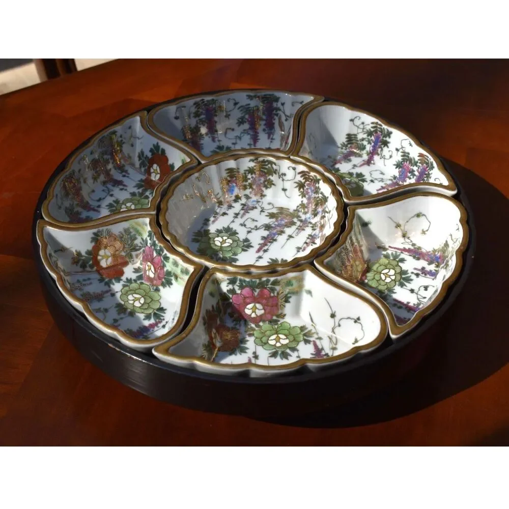 Vintage Japanese 8 Piece Hand-Painted Kutani Floral Lazy Susan Lacquer Base